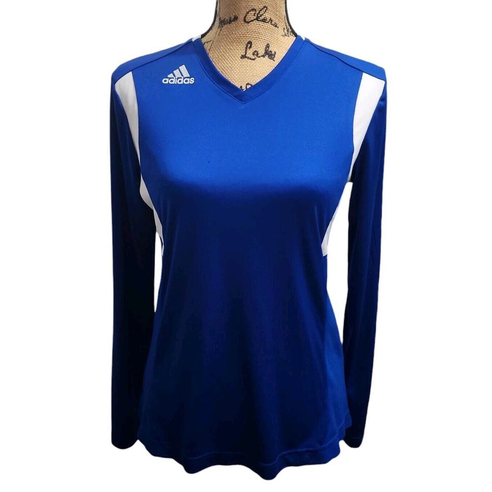 Adidas Womens‎ Size M Climalite Utility T-Shirt Blue White Long Sleeves V-Neck